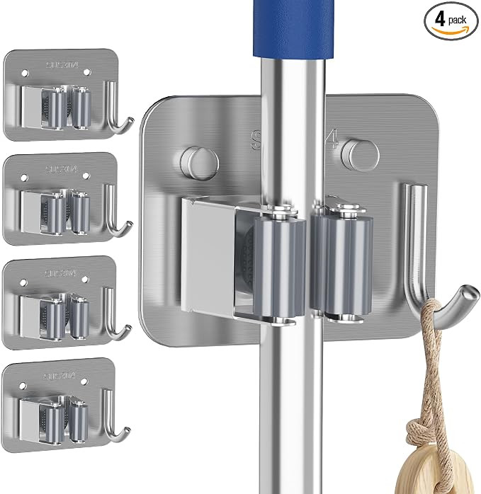 4 Pack Stainless Steel Mop and Broom Gripper with Hook, Screw Drilling or Self Adhesive Mop and B...