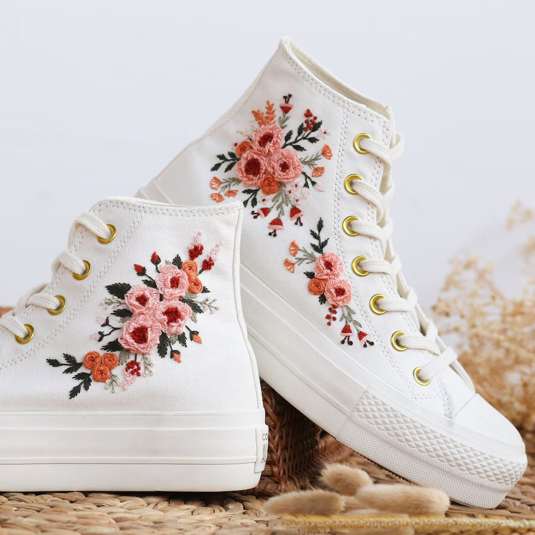Custom Converse Platform, Wedding Rose Flower Embroidered Shoes, Bridal Flowers Embroidered Sneak... | Etsy (EU)