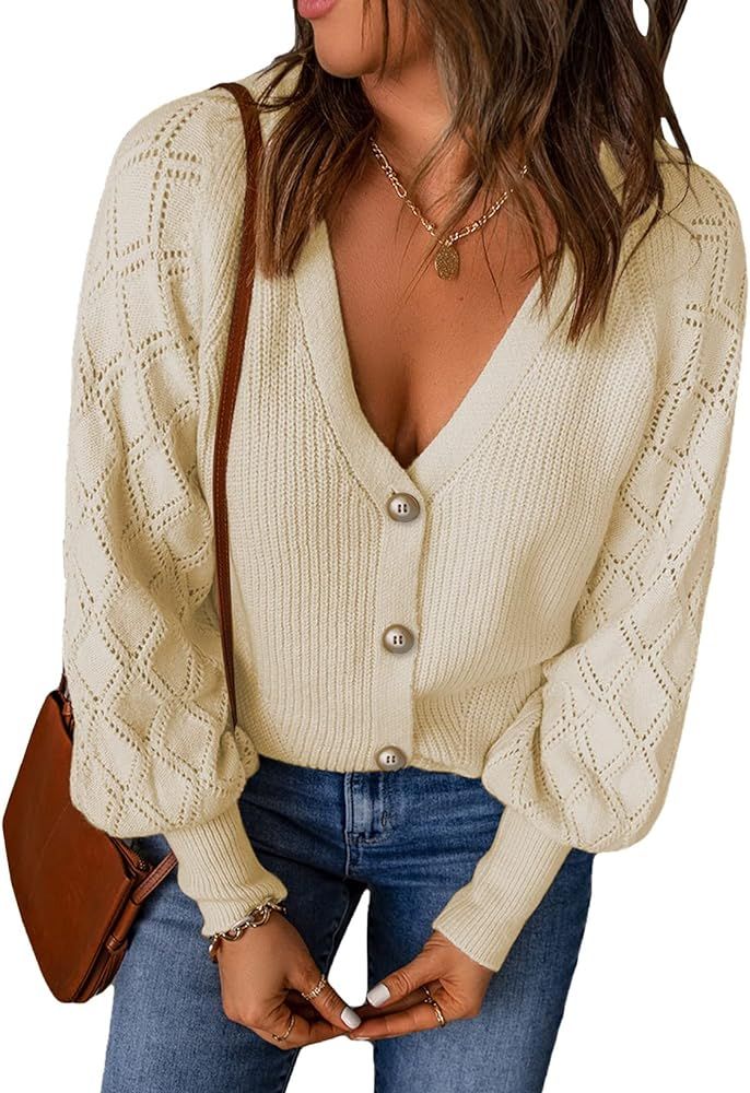 Women Long Sleeve Open Front Knit Button Down Cardigan Sweater | Amazon (US)
