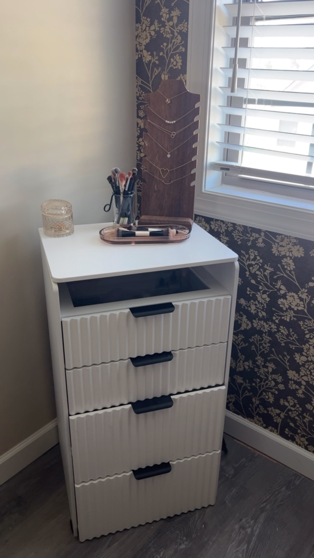 Makeup vanity and storage! All in one vanity for small spaces. Drawer pulls out to a bench