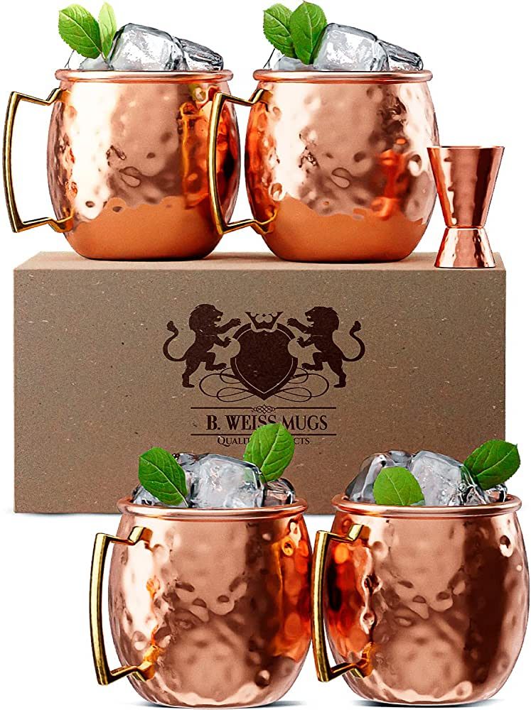 B. WEISS Moscow Mule Copper Mugs, Set Of 4 Brass Handle Copper Cups For Drinking, Each Mug is Han... | Amazon (US)