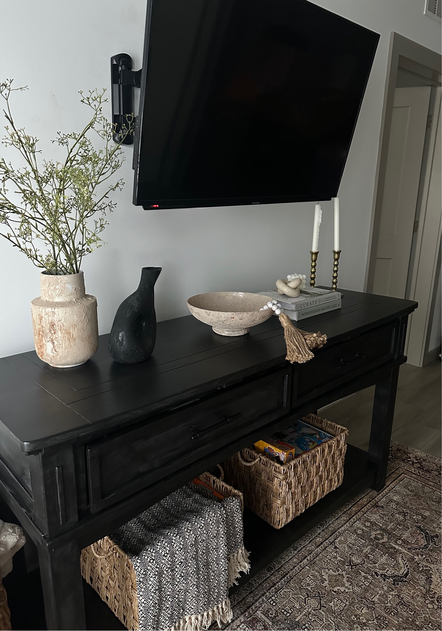 A lot of things in this post were a thrift find and then i DIY to match it to my home, so i tried my best to find similar!!

The vases on the left were a DIY and you can totally recreate it with any vase you have, acrylic paint, and baking soda (to get the old look use coffee grounds!)