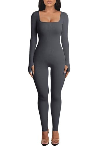 OEAK Womens Yoga Jumpsuit with Tummy Control Long Sleeve Unitard Casual Ribbed Rompers High Waisted One Piece Workout Bodycon Dark Grey L | Amazon (US)