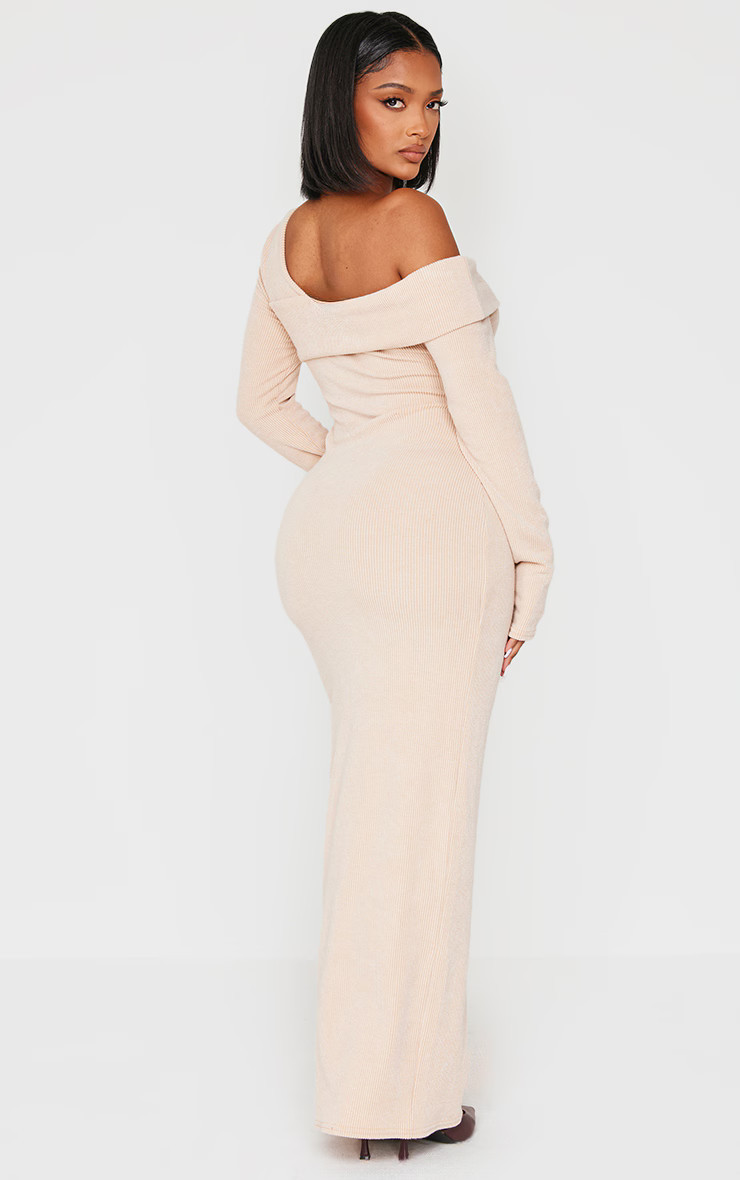 Shape Stone Brushed Rib Fold Over Off Shoulder Long Sleeve Maxi Dress | PrettyLittleThing US