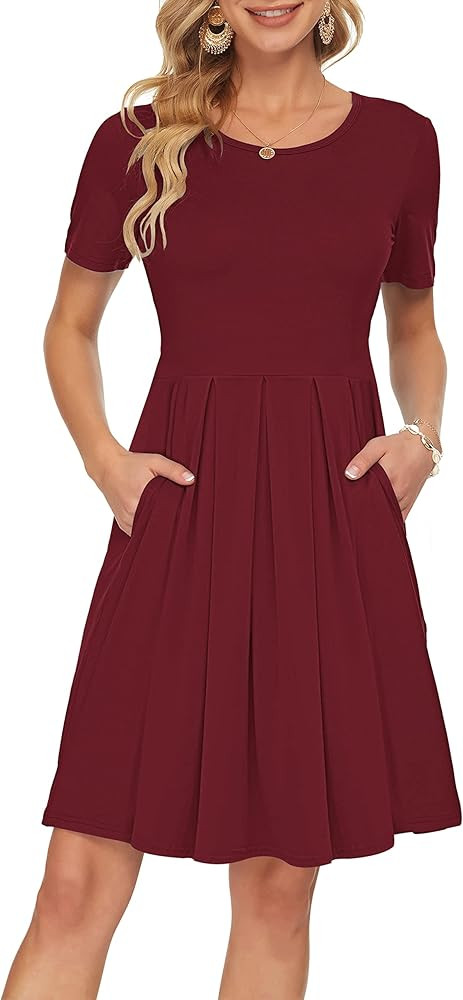 AUSELILY Women's Short Sleeve Summer Dress Pleated Loose Swing Knee Length Dresses with Pockets 2... | Amazon (US)