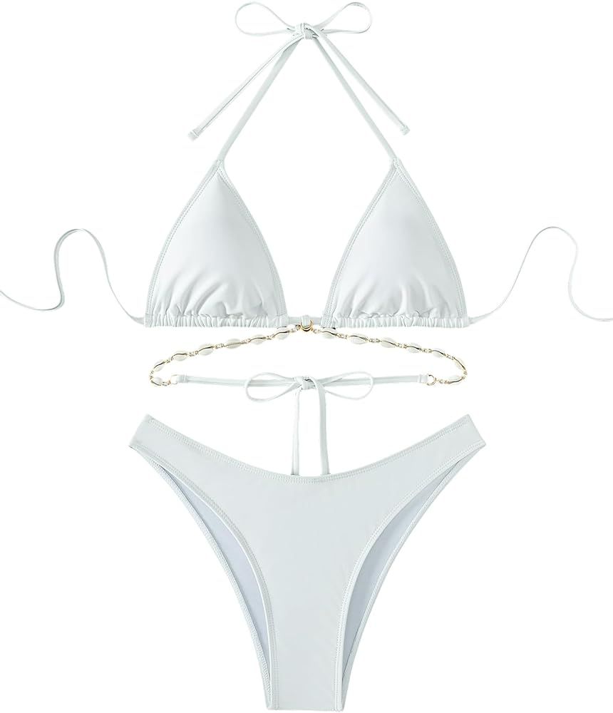 Verdusa Women's 2 Piece Set Tie Backless Halter Triangle Bikini Sets Swimwear Bathing Suit | Amazon (US)