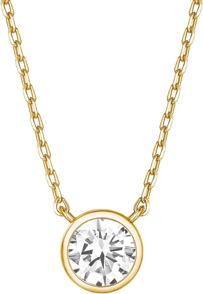 PAVOI 14K Gold Plated Circle CZ Solitaire Necklace | Elegant Bezel Pendant | Dainty Cubic Zirconi... | Amazon (US)