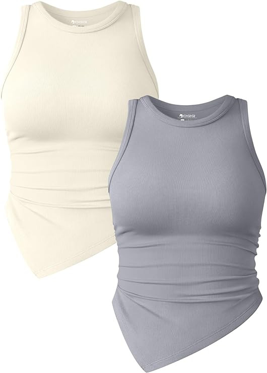 OQQ Women's 2 Piece Tank Tops Ruched Crew Neck Sleeveless Basic Stretch Tee Shirts | Amazon (US)