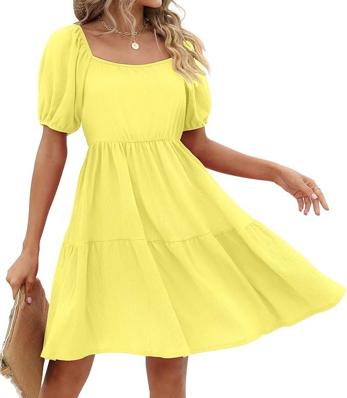 Womens Dresses Square Neck Puff Sleeve Casual Loose Spring A-Line Dresses | Amazon (US)