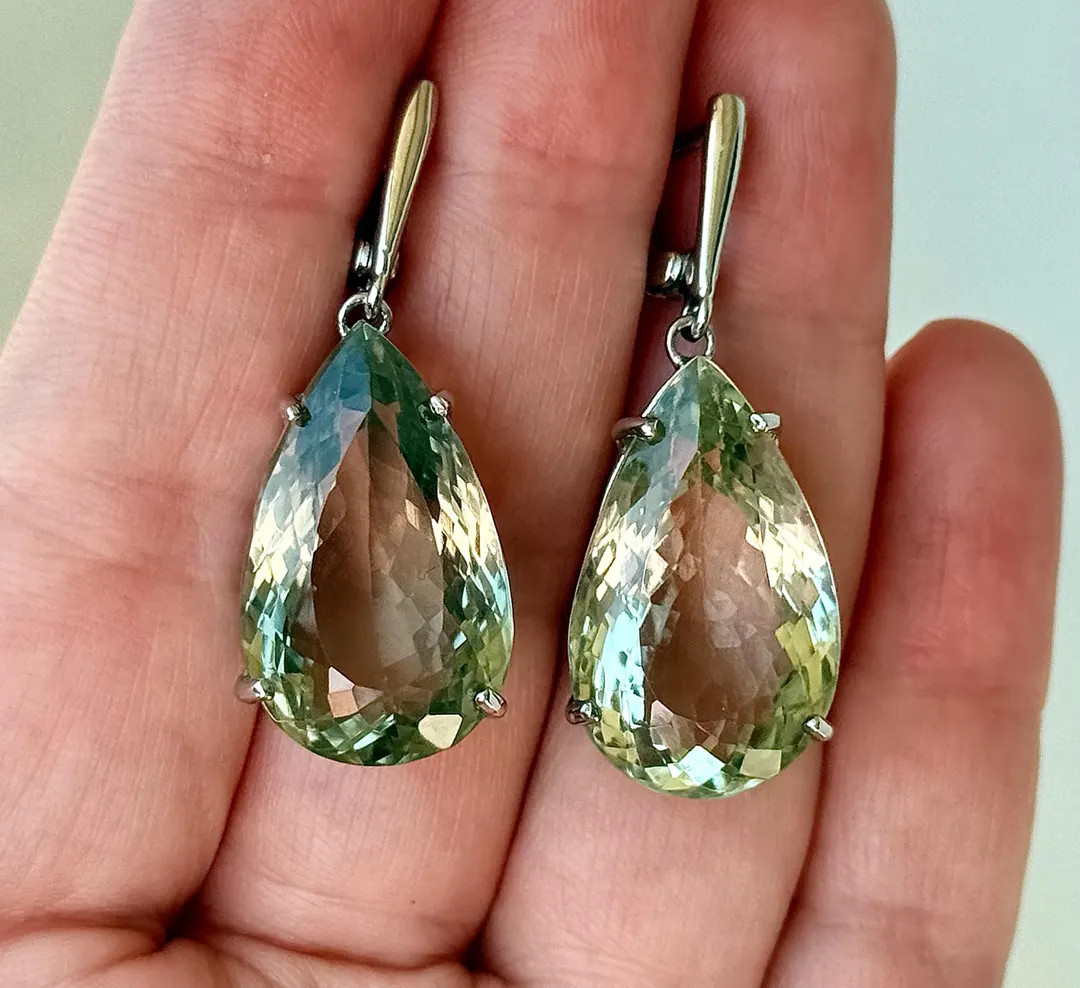 54 Ct Green Amethyst Drop Earrings, 14K White Gold Plate Sterling Silver - Etsy | Etsy (Global)