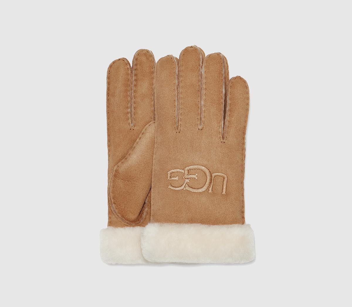 UGG Sheepskin Embroidered Logo Gloves Chestnut Brown, L | Office Shoes (UK)
