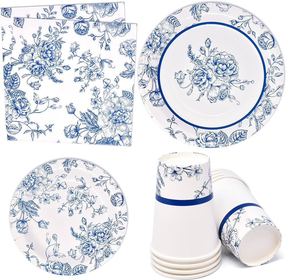 Floral Blue & White Flower Disposable Tableware Party Supplies Set 24 9" Dinner Plates 7" Paper P... | Amazon (US)