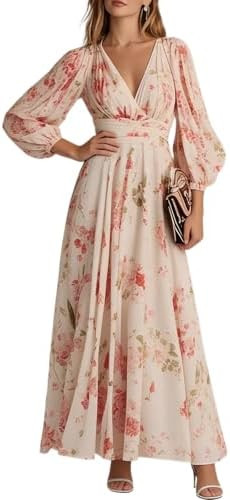 XNC Long Sleeve Dresses for Women 2026 Summer Casual Floral Chiffon Dress | Long Sleeve, Deep V N... | Amazon (US)