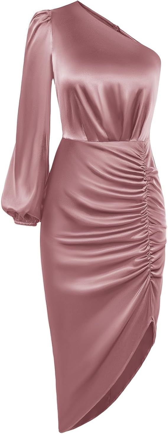 GRACE KARIN Women's Fall One Shoulder Long Sleeve Ruched Bodycon Midi Long Satin Formal Cocktail ... | Amazon (US)