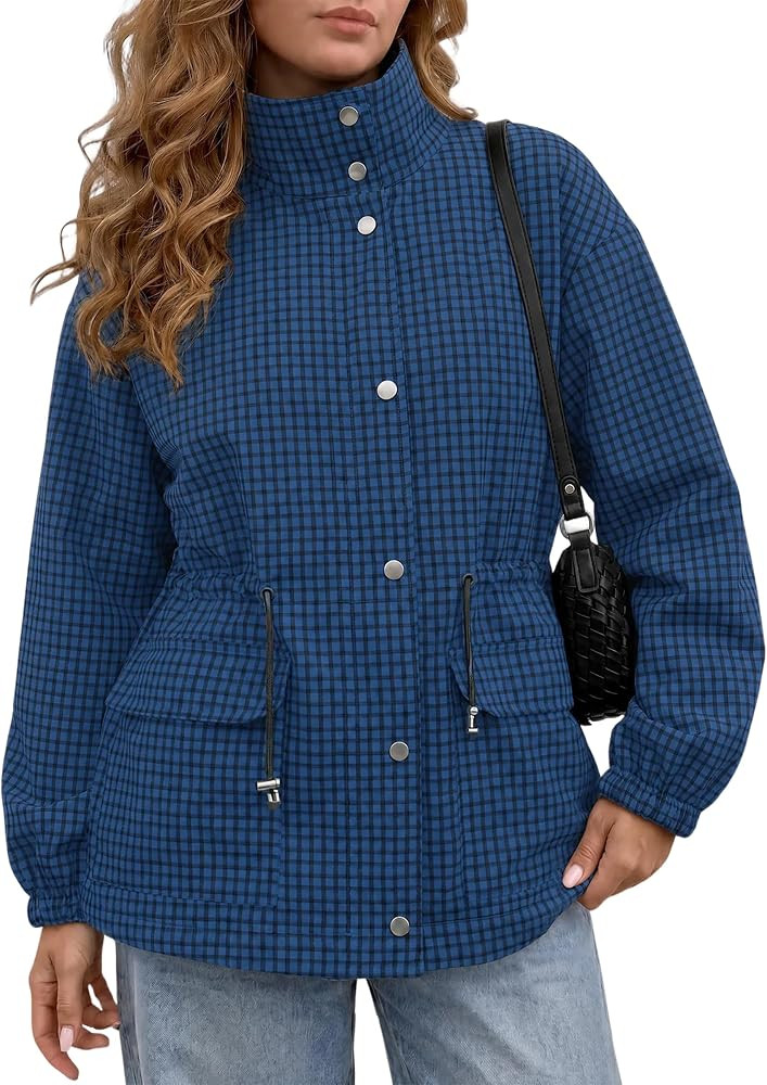 Tankaneo Womens Plaid Zip Up Jackets Casual Fall Windproof Trench Coats | Amazon (US)