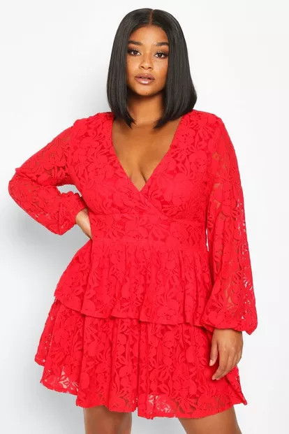 Plus Lace Plunge Ruffle Skater Dress | Boohoo.com (US & CA)