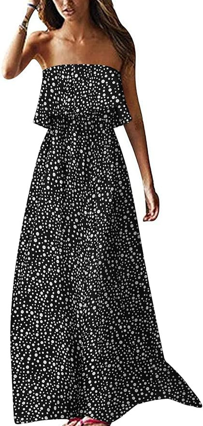 ZMPSIISA Women's Summer Off The Shoulder Maxi Dress Ruffle Strapless Blue White Porcelain Boho Ca... | Amazon (US)