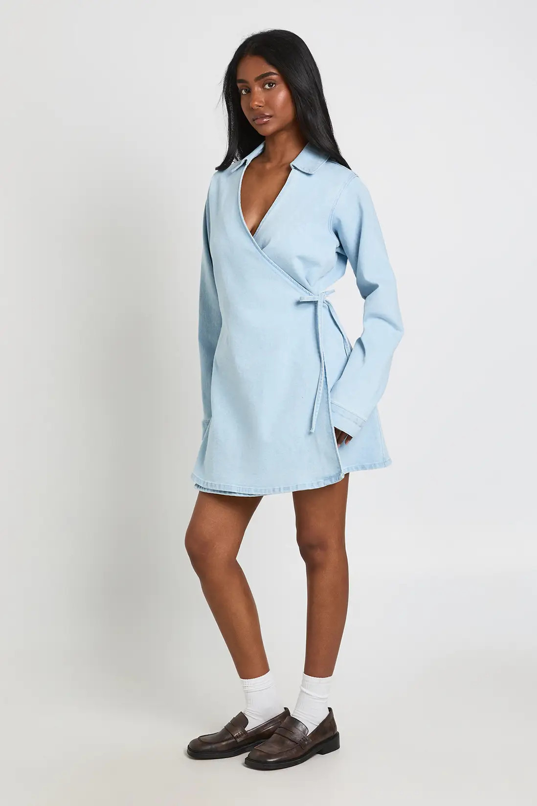 Bleach Wash Wrap Front Denim Dress | Boohoo | Boohoo.com (UK & IE)