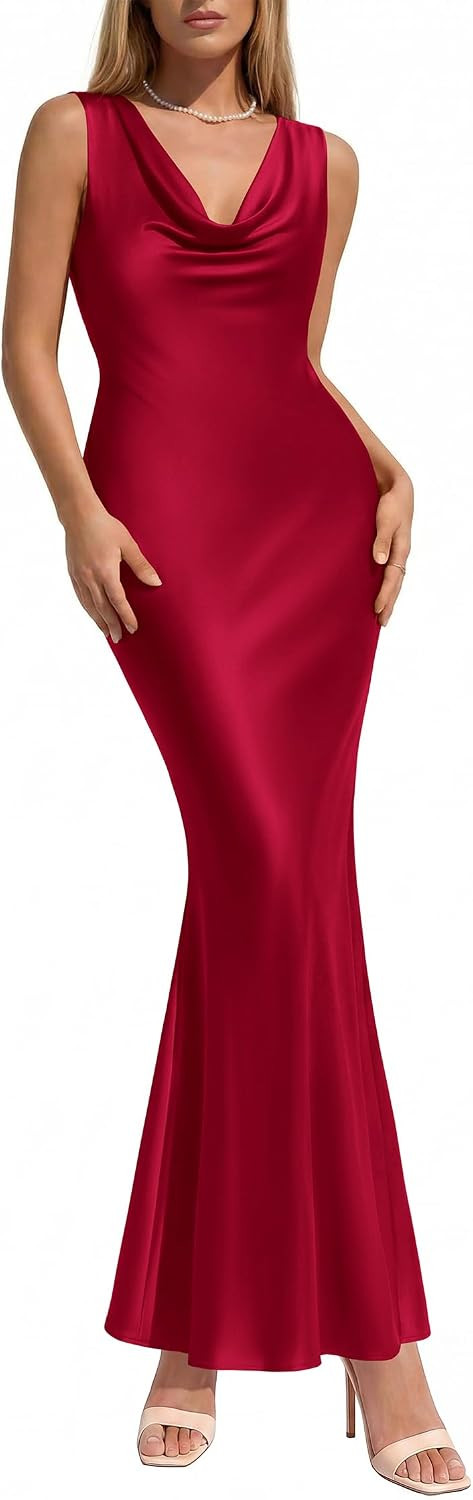 KIRUNDO Womens Cowl Neck Sleeveless Bodycon Satin Maxi Dress | Amazon (US)