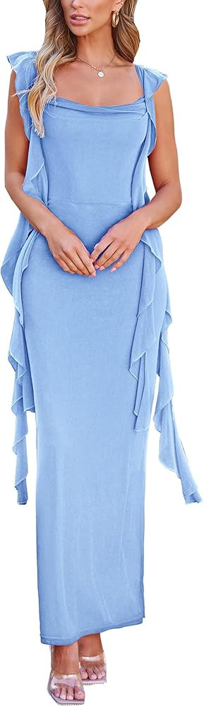 PRETTYGARDEN Women's Summer Long Formal Wedding Guest Dress Sleeveless Ruffle Cocktail Party Maxi... | Amazon (US)
