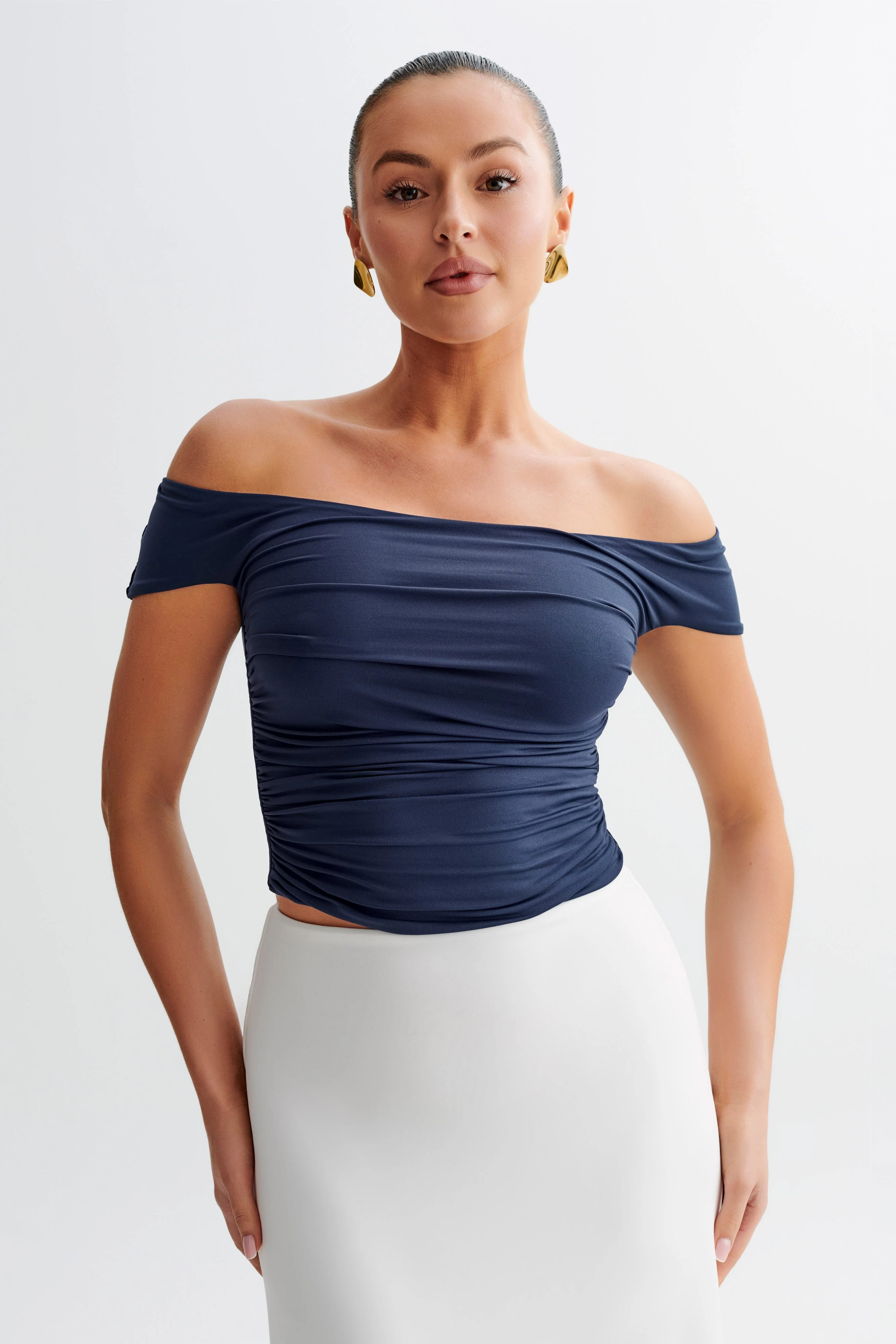 Piper Ruched Off Shoulder Top - Navy | MESHKI US