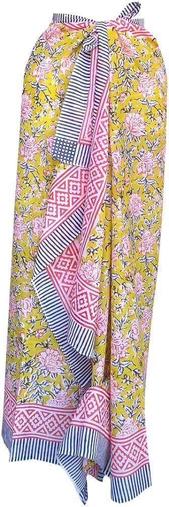 100% Cotton Hand Block Print Sarong Womens Swimsuit Wrap Cover Up Long (73" x 44") | Amazon (US)