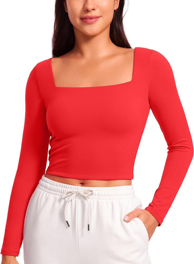 CRZ YOGA Womens Butterluxe Double Lined Long Sleeve Crop Top Square Neck Workout Athletic Casual ... | Amazon (US)