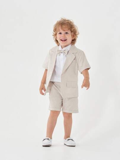 Baby Striped Single Button Blazer & Roll Hem Shorts & Bow Tie SKU: sa2206306306341359(25 Reviews)... | SHEIN