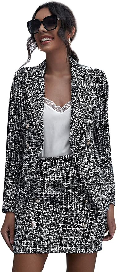 SweatyRocks Women's Business Suit 2 Pieces Tweed Blazer Jacket Coat and Skirt Set | Amazon (US)