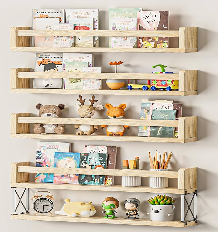 24inch Floating Kids Book Shelves Set of 4, Small Nursery Bookshelf Wall Mount, Natural Wood Baby... | Amazon (US)