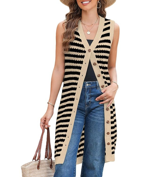 BLENCOT Women's V Neck Striped Fall Sweater Vest Causal Sleeveless Button Cardigan Midi Cover Up ... | Amazon (US)