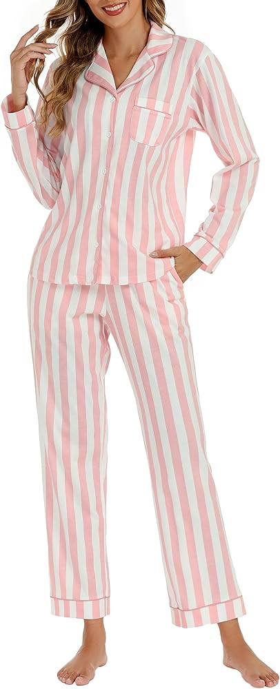 LUBOT 100% Cotton Pajamas for Women PJ Set Soft Button-Down 2 Piece Set Knitted Long Sleeve Sleep... | Amazon (US)