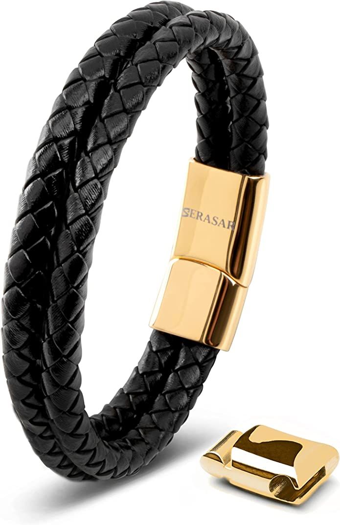 Amazon.com: SERASAR Bracelets for Men 20cm Gold Gift-Box Genuine-Leather Cowhide Braided Adjust-A... | Amazon (US)