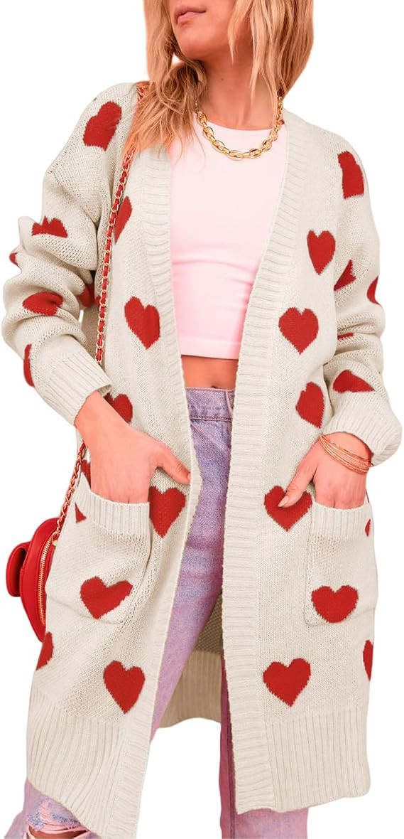 Wyeysyt Women 2023 Long Cardigans Love Heart Open Front Sweater Chunky Casual Knit Pocketed Cardi... | Amazon (CA)