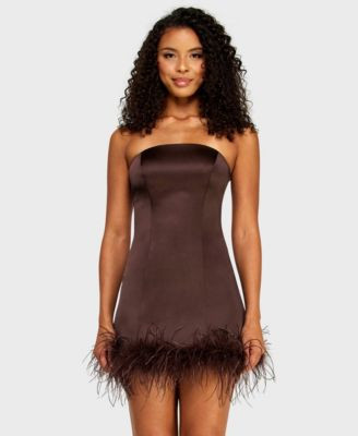 Alex & Sophia Juniors' Strapless Feather Trim Detail Dress - Chocolate | Macy's