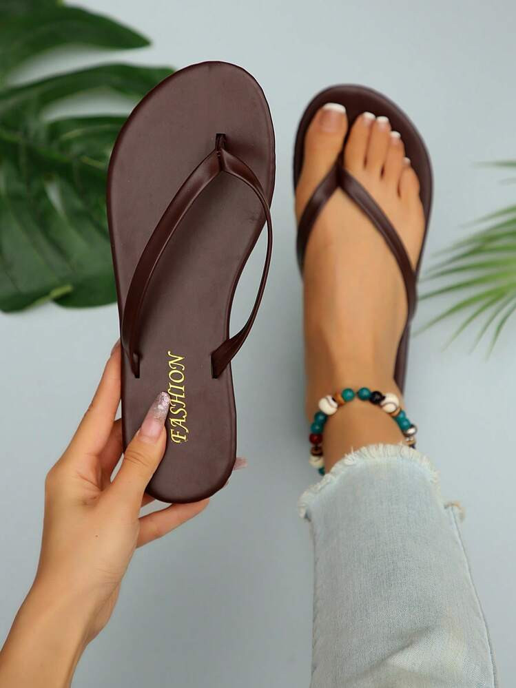 New Spring/Summer, Women's Chocolate Brown Thong Sandals, Round Toe Flat Flip Flops, Casual Slippers For Indoor & Outdoor Wear | SHEIN