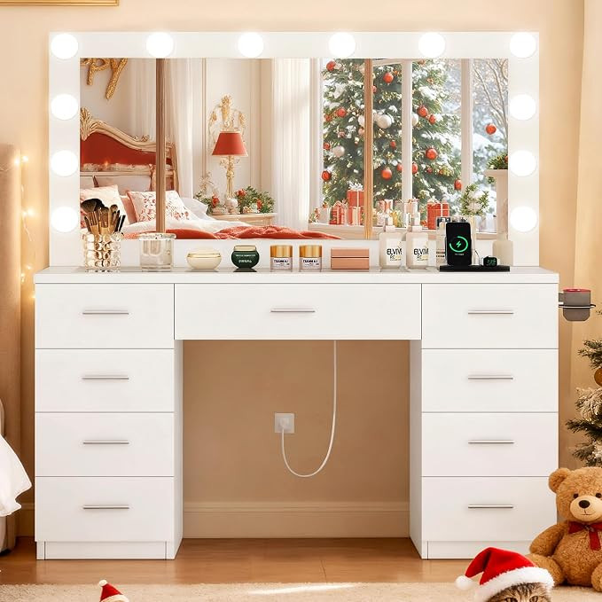 Vanity Desk with Glass Top & Lights Mirror, 3 Adjustable Lighting Color, 46" Makeup Vanity with 9... | Amazon (US)