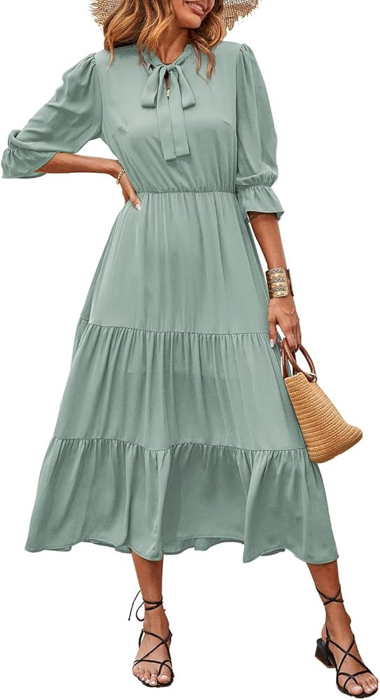 BTFBM Women Casual Short Sleeve Crew Neck Midi Dress Solid Color Tie Neck Loose Summer Dresses Boho  | Amazon (US)
