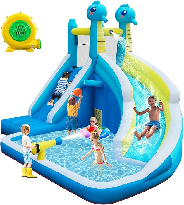 Seahorse Inflatable Water Slide for Kids Backyard | 5-in-1 Blow Up Splash Park with Climbing Wall... | Amazon (US)