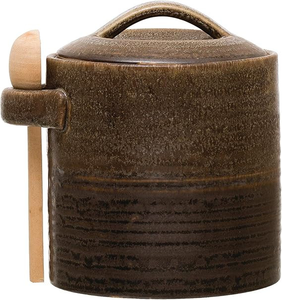 Creative Co-op Brown Stoneware Wood Spoon Canister, Mustard | Amazon (US)