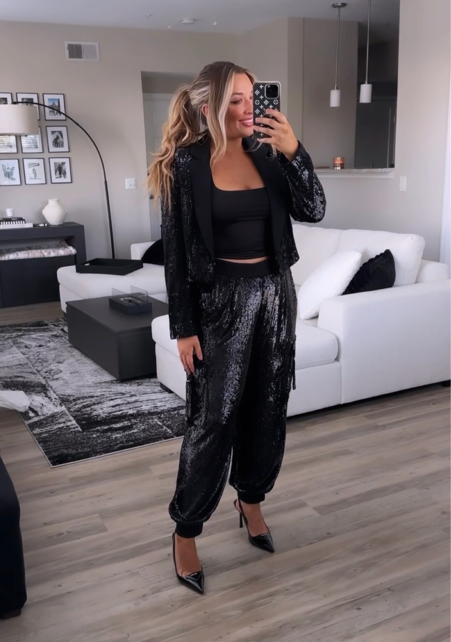 NYE sparkle outfit from express! SO comfy and cute! Wearing a medium in the cropped blazer and a large in pants (should have got a medium, they run big)

#nye
#nyeoutfit

#LTKHoliday #LTKmidsize #LTKstyletip