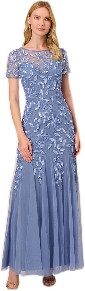 Adrianna Papell Women's Floral Beaded Godet Gown, French Blue, 12 | Amazon (US)