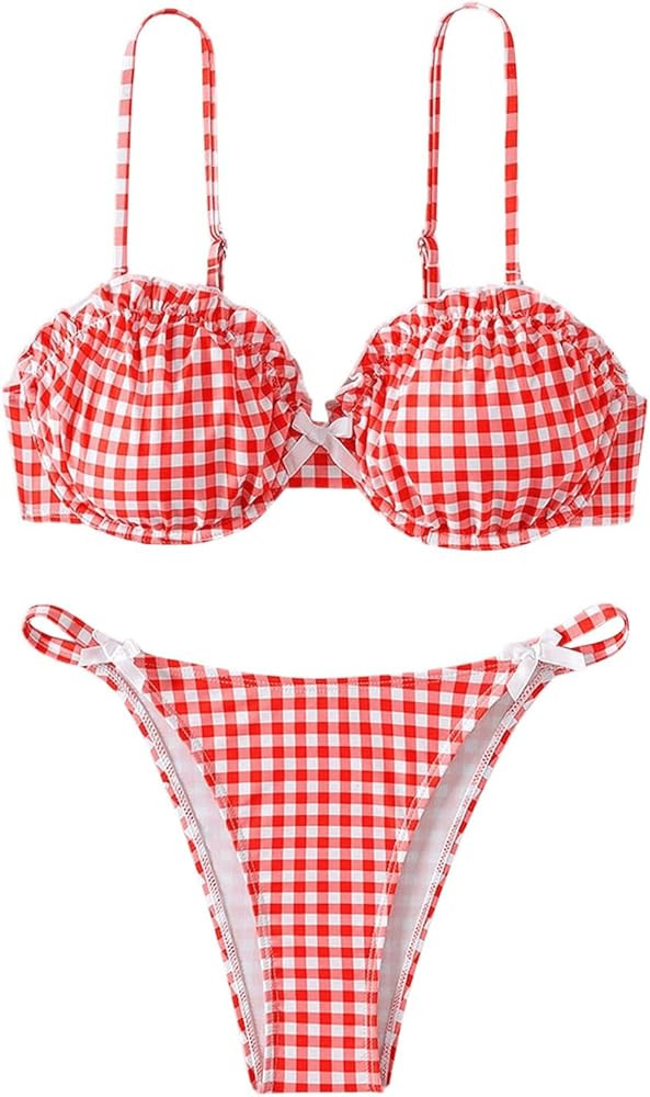 Women's 2 Piece Y2K Gingham Bow Front Bikini Set Ruffle Underwire Bikini Thong Swimsuit High Wais... | Amazon (US)