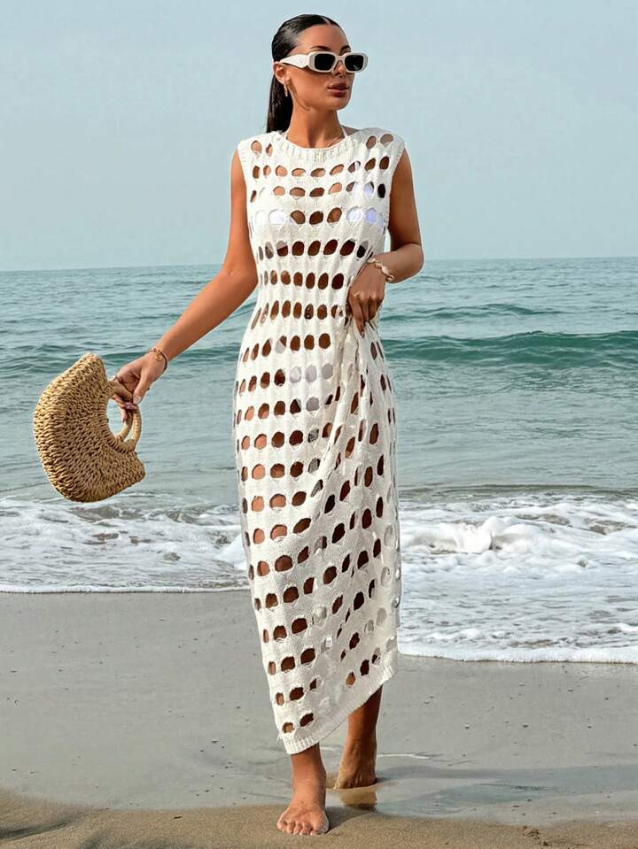 Cottnline Solid Color Round Neck Hollow Out Knitted Cover-Up Dress, For Summer Beach Vacation | SHEIN