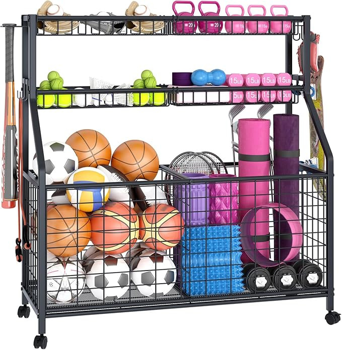 Ball Storage Rack Large Sports Equipment Garage Organizer Cart, Ball Rack for Basketball,Baseball... | Amazon (US)