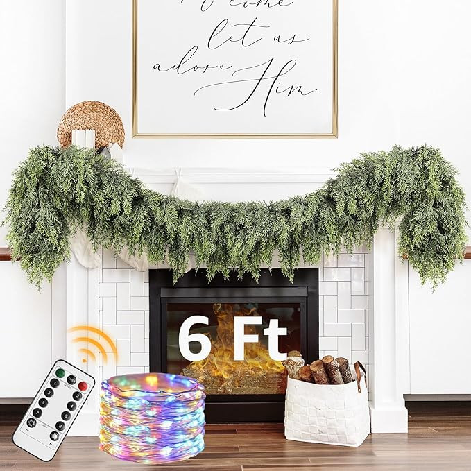 Cedar Christmas Garland with Lights for Mantle - Decorations 6 ft Realistic Lighted Faux Pine Gar... | Amazon (US)