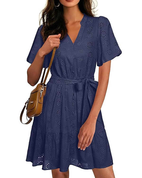 Simplee Womens Eyelet Mini Dress Spring V Neck Short Sleeve Belted High Waisted Sun Dress 2026 | Amazon (US)