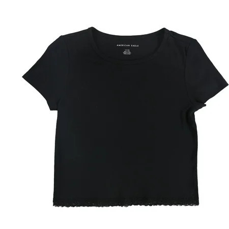 American Eagle Womens Lace Trimmed Basic T-Shirt Black Small | Walmart (US)