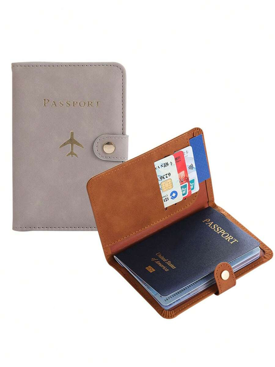 Multi-Card PU Passport Holder - Snap Closure, Faux Leather Lining, Airplane Pattern Passport Case... | SHEIN