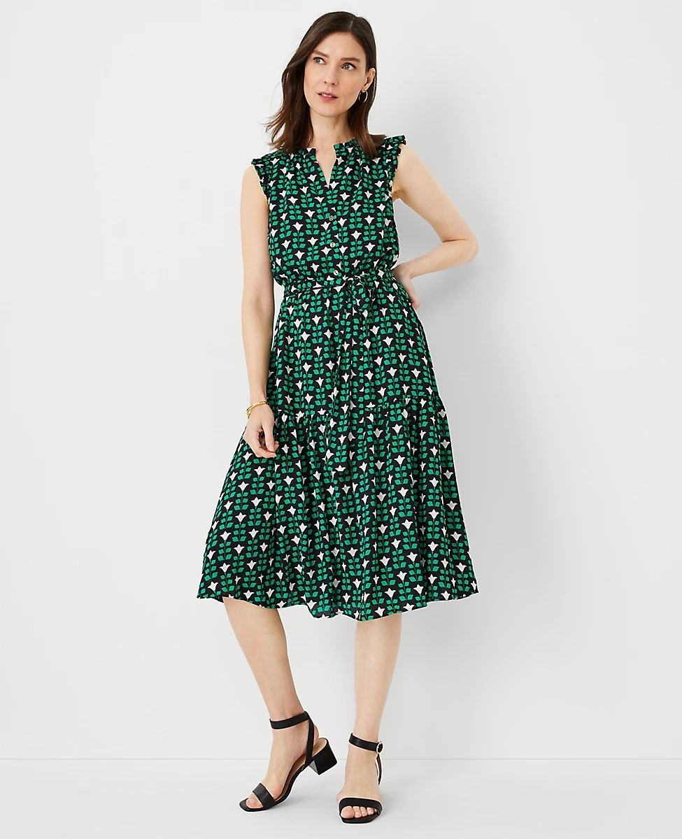 Floral Tile Ruffle Belted Flare Dress | Ann Taylor (US)